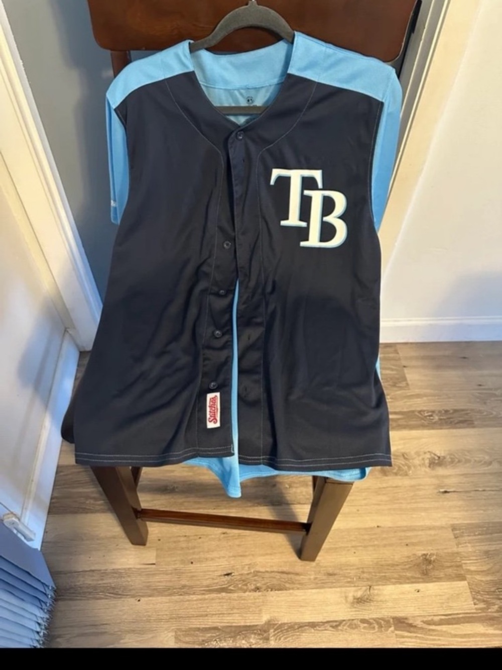 Stitches Navy Jersey with Light Blue Trim and Red Logo